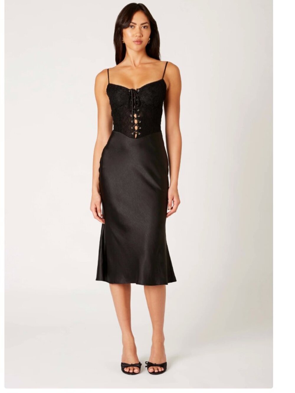 NIA Frank Dress - Black Lace Corset Midi Satin Cami Small $118 - Picture 2 of 9